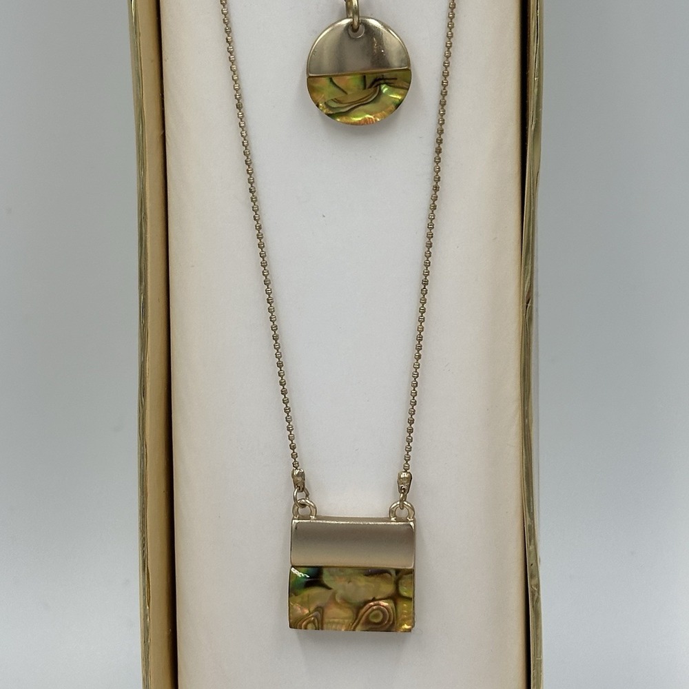 Bella Jack Layered Necklace Set Gold Tone Abalone Circle Square Geometric NIB - Picture 2 of 7